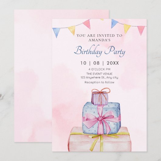 Cadeaus pastel roze blauw verjaardag kaart (Voorkant / Achterkant)