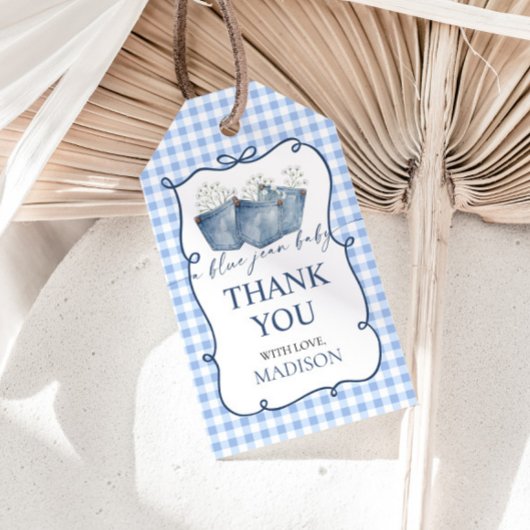 Cadeautag voor babyfeestje met blauwe jeans cadeaulabel
