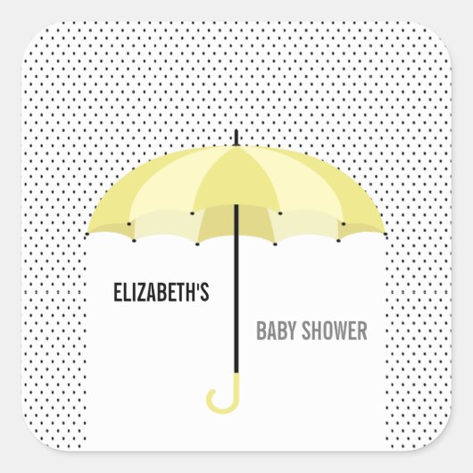 Cadeautags voor babyborrel met paraplu, gele feest vierkante sticker (Voorkant)