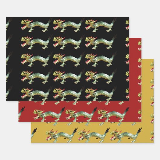 Cadeauverpakking - Chinese Draken op drie kleuren Inpakpapier Vel (Set)