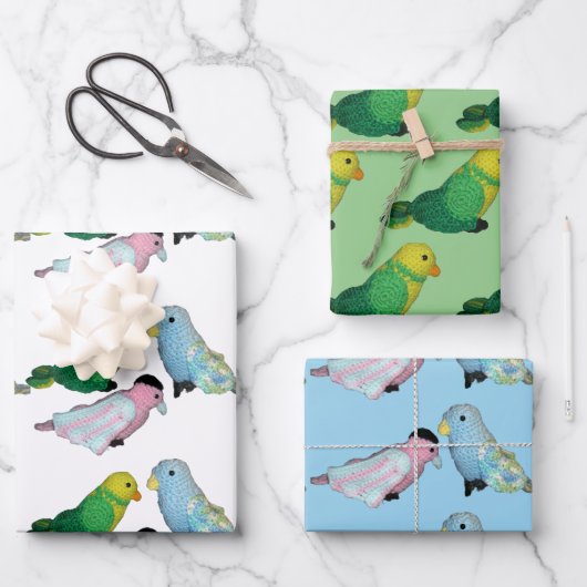 Cadeauverpakking - Parkietenpoppen Inpakpapier Vel (Voorkant)