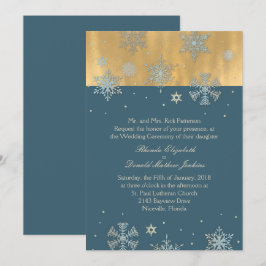 Cadet Blue en Gold Snowflakes Wedding Invitation Kaart