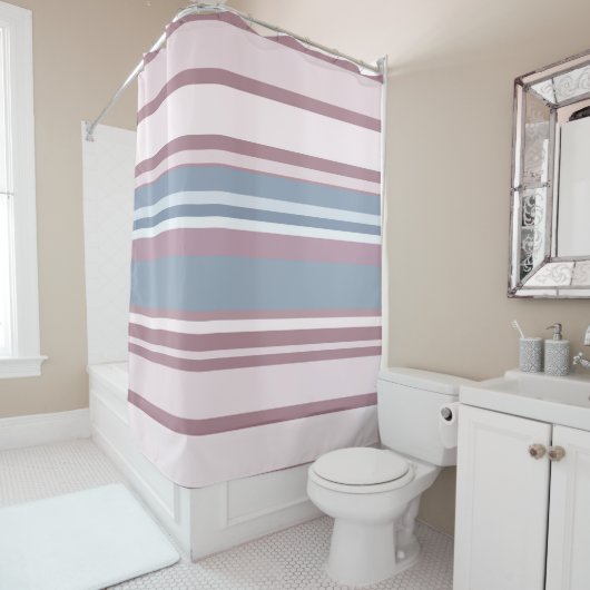 Cadet Grey and Desaturated Rose Stripes Douchegordijn (In situ)