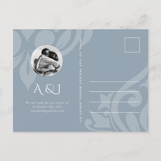 Cadet Grey Classic Script Wedding Sla de datum op Aankondigingskaart (Achterkant)