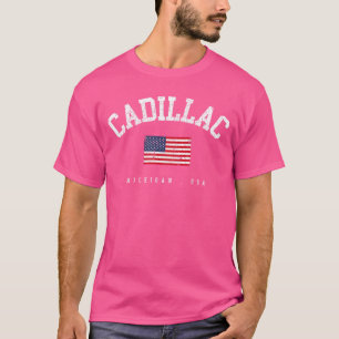 Cadillac MI Retro Amerikaanse Vlag VS Stadnaam fam T-shirt