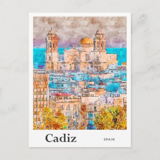 Cádiz Spanje Reizen Waterverf Hand getekend Briefkaart (Voorkant)
