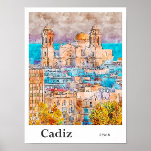 Cádiz Spanje Reizen Waterverf Hand getekend Poster