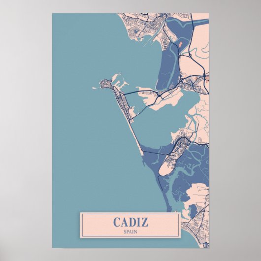 Cadiz Spanje Winderige Stad Kaart Reizen Poster (Voorkant)