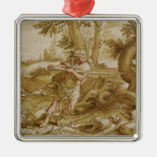 Cadmus staat op het punt een draak aan te vallen metalen ornament