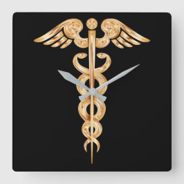 Caduceus Black en Gold Wall Clock Vierkante Klok