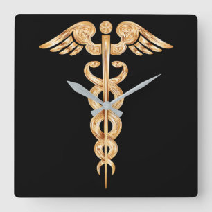 Caduceus Black en Gold Wall Clock Vierkante Klok