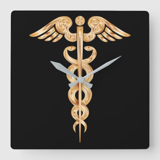 Caduceus Black en Gold Wall Clock Vierkante Klok (Voorkant)