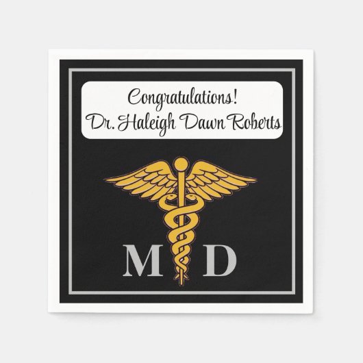 Caduceus Black & Silver Medical School Afstuderen Servet (Voorkant)