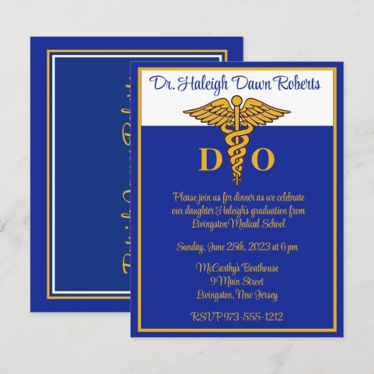 Caduceus Blue & Gold Medical School Afstuderen Kaart (Voorkant / Achterkant)