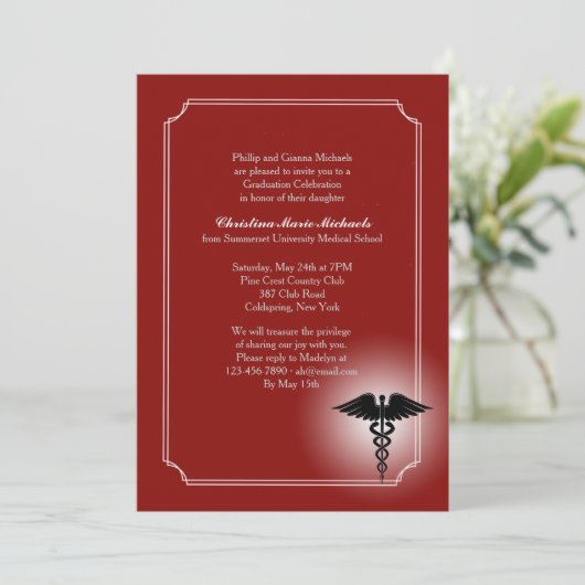 Caduceus Crimson Afstuderen Invitatio Kaart (Staand voorkant)