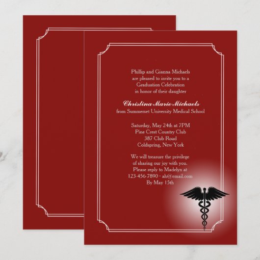Caduceus Crimson Afstuderen Invitatio Kaart (Voorkant / Achterkant)
