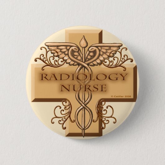 Caduceus cross radiologie verpleegkundige ronde button 5,7 cm (Voorkant)