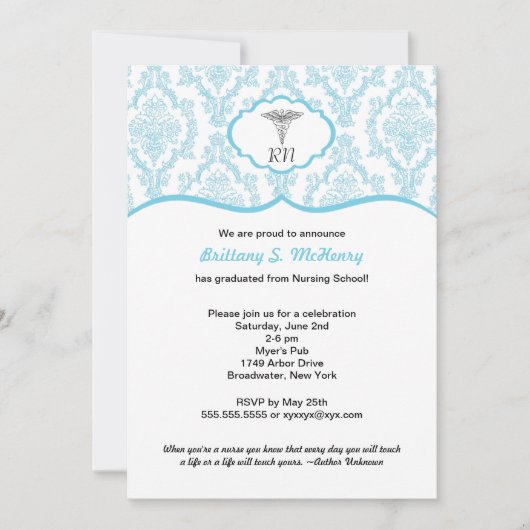 Caduceus Damask blue Nursing school afstuderen RN Kaart (Voorkant)