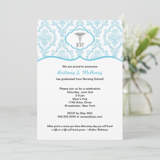 Caduceus Damask blue Nursing school afstuderen RN Kaart (Staand voorkant)