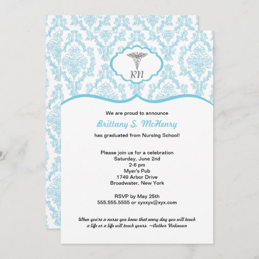 Caduceus Damask blue Nursing school afstuderen RN Kaart (Voorkant / Achterkant)
