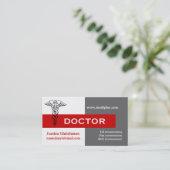 Caduceus doctor minimalist grijs, wit, rood visitekaartje (Staand voorkant)