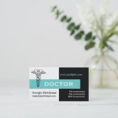 Caduceus doctor minimalist zwart, wit, aqua visitekaartje (Staand voorkant)