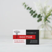 Caduceus doctor minimalist zwart, wit, rood visitekaartje (Staand voorkant)