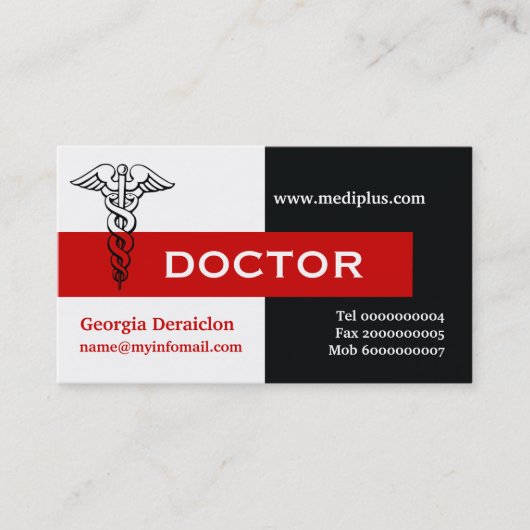 Caduceus doctor minimalist zwart, wit, rood visitekaartje (Voorkant)