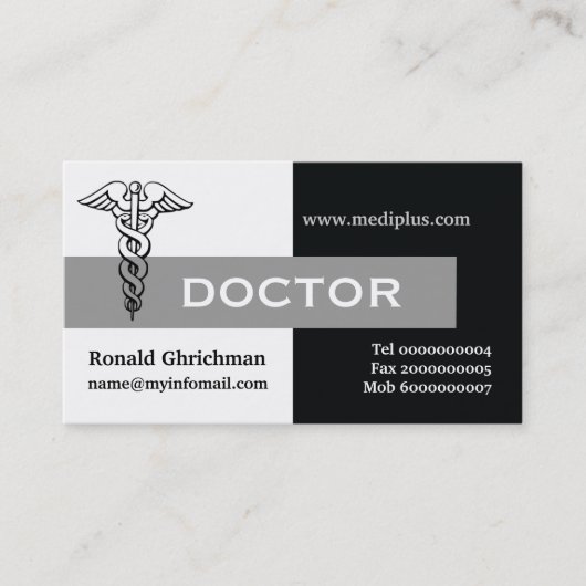 Caduceus dokter minimaliseert zwart, wit, grijs visitekaartje (Voorkant)