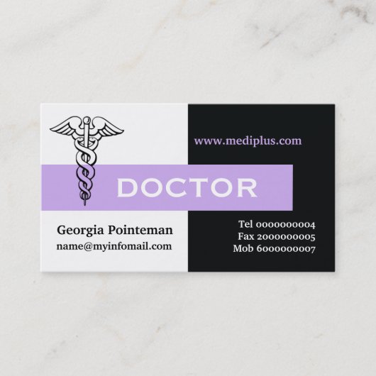 Caduceus dokter minimaliseert zwart, wit, lavendel visitekaartje (Voorkant)