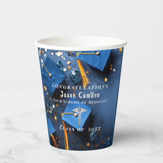 Caduceus Elegant Gold Confetti Navy Blue Papieren Bekers (Voorkant)