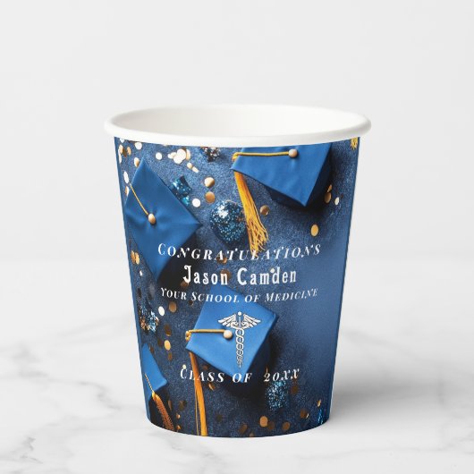 Caduceus Elegant Goud Confetti Navyblauw  Papieren Bekers (Achterkant)