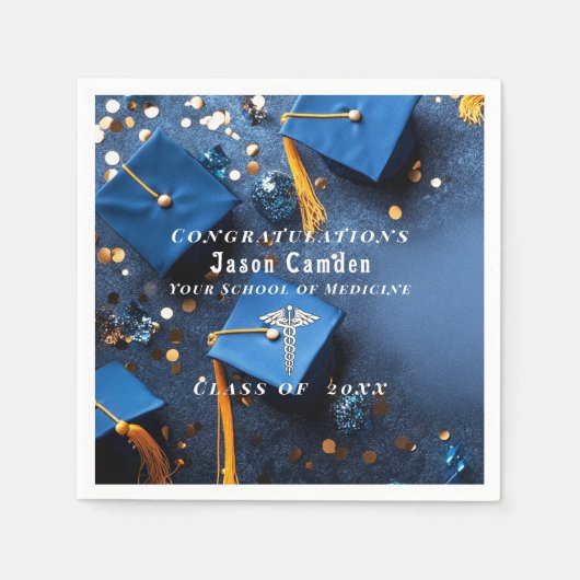 Caduceus Elegant Goud Wit Navyblauw Afstuderen Servet (Voorkant)