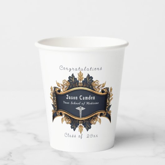 Caduceus Elegant Wit Marine Blauw Goud Wit Papieren Bekers (Voorkant)