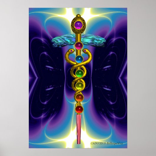 CADUCEUS EN 7 CHAKRA'S , levendig gouden ametist Poster (Voorkant)