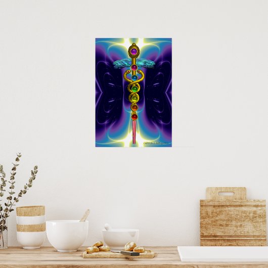 CADUCEUS EN 7 CHAKRA'S , trillend goud ametist Poster (Keuken)