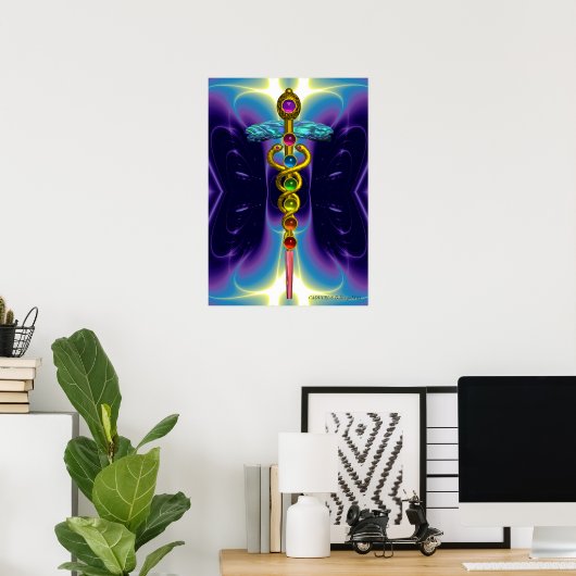 CADUCEUS EN 7 CHAKRA'S , trillend goud ametist Poster (Thuiskantoor)
