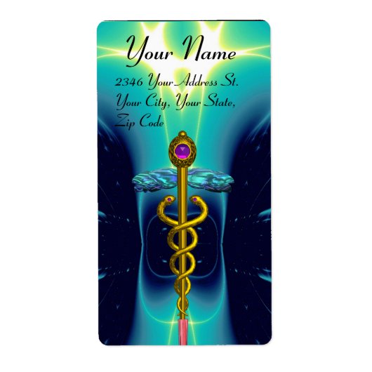 CADUCEUS, levendige goudamethist, blauwe turquase Etiket (Voorkant)
