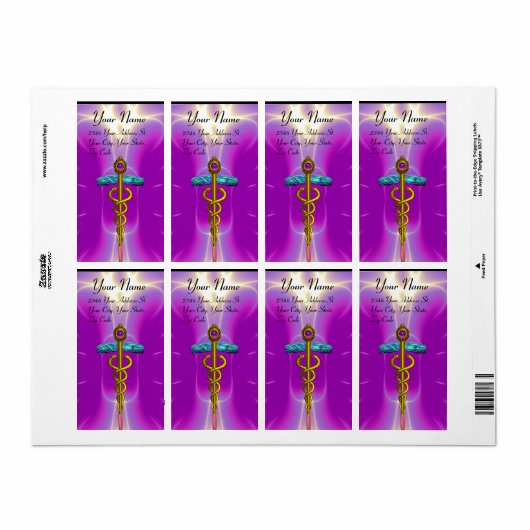 CADUCEUS, levendige goudkleurige violetroze fuchsi Etiket (Full Sheet)