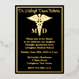 Caduceus Medical School Afstuderen, Black/Gold Folie Uitnodiging