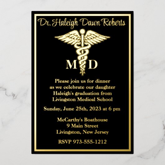 Caduceus Medical School Afstuderen, Black/Gold Folie Uitnodiging (Voorkant)