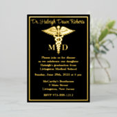 Caduceus Medical School Afstuderen, Black/Gold Folie Uitnodiging (Staand Voorkant)