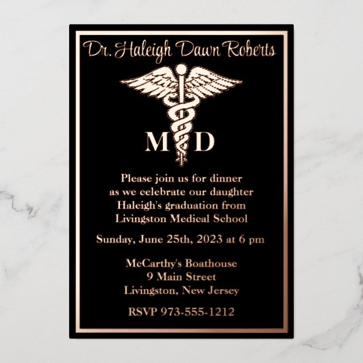 Caduceus Medical School Afstuderen Black/Roos Gold Folie Uitnodiging (Voorkant)