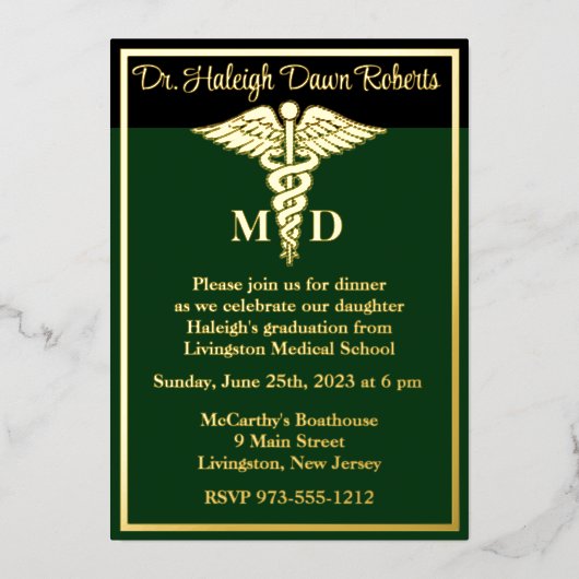 Caduceus Medical School Afstuderen Green/Black Folie Uitnodiging (Voorkant)