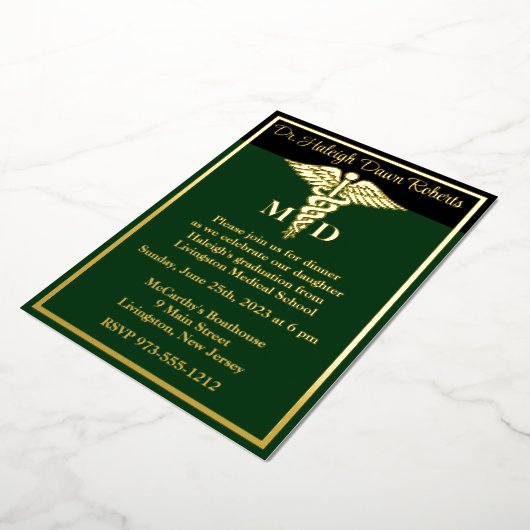 Caduceus Medical School Afstuderen Green/Black Folie Uitnodiging (Gedraaid)