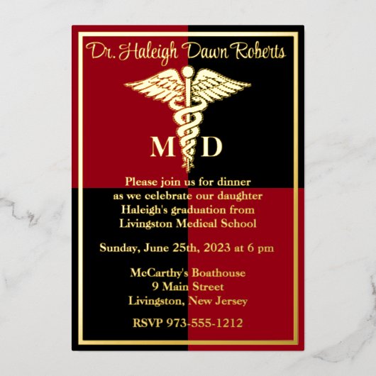 Caduceus Medical School Afstuderen, rood/zwart Folie Uitnodiging (Voorkant)