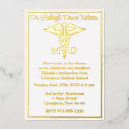 Caduceus Medical School Afstuderen, White/Gold Folie Uitnodiging