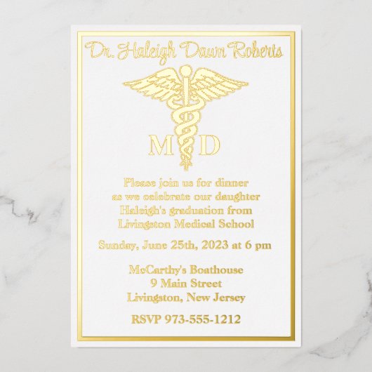 Caduceus Medical School Afstuderen, White/Gold Folie Uitnodiging (Voorkant)