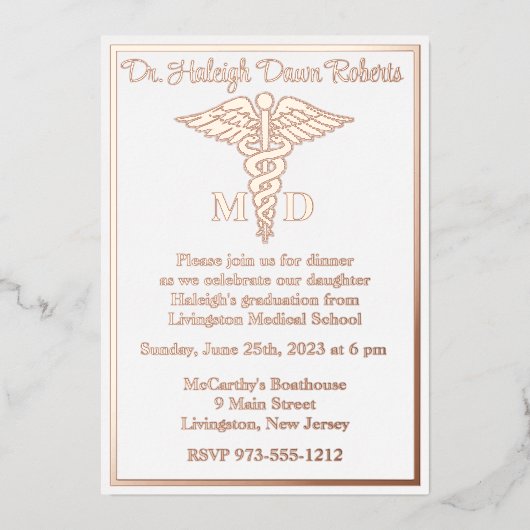 Caduceus Medical School Afstuderen White/Roos Gold Folie Uitnodiging (Voorkant)