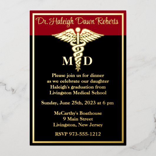 Caduceus Medical School Afstuderen, zwart/rood Folie Uitnodiging (Voorkant)